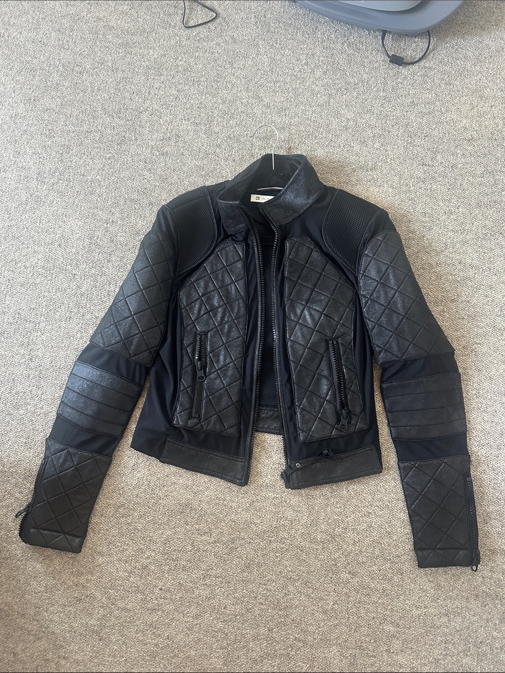 blanc noir Black Quilted Moto-Style Leather Jacket